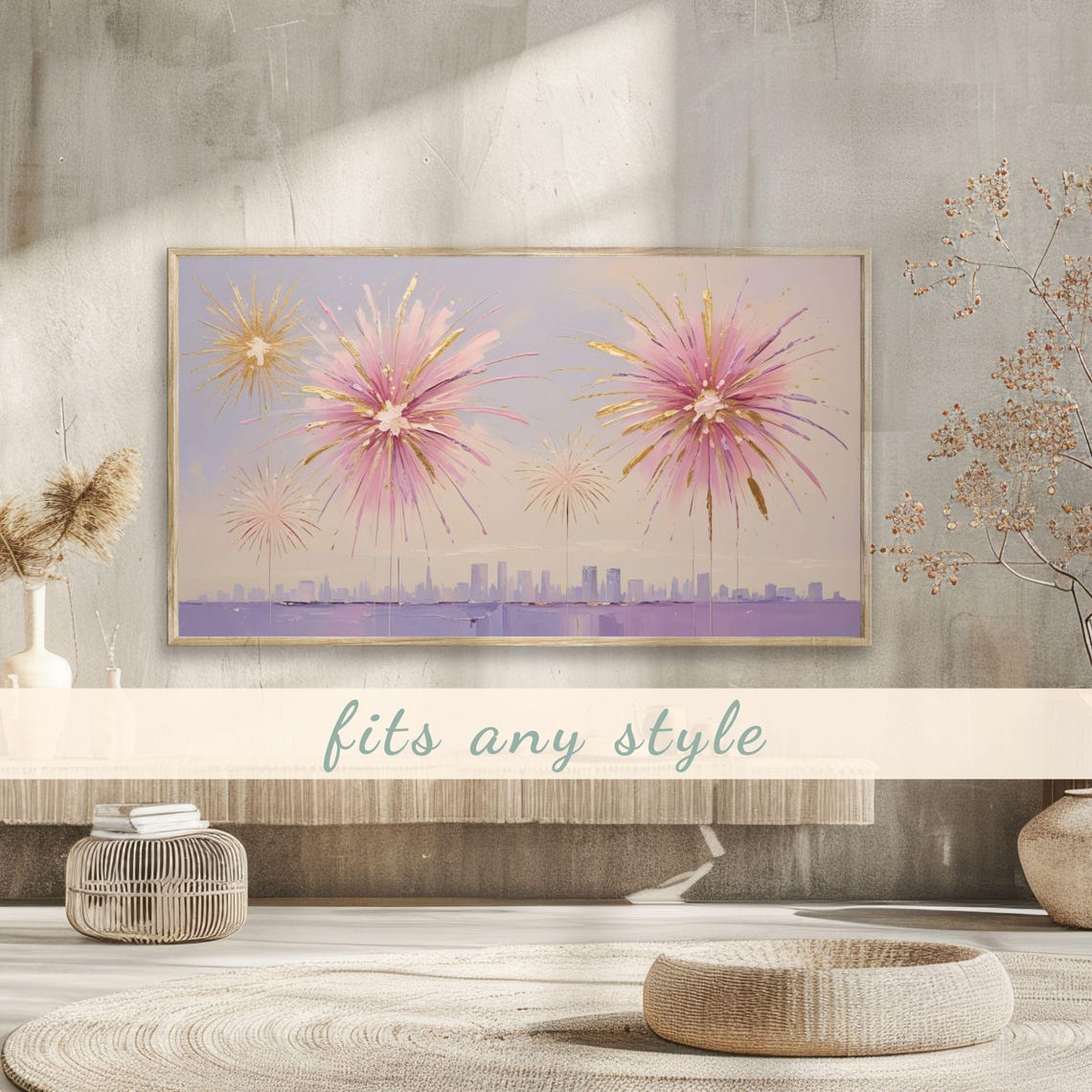 Pink Gold Fireworks City Skyline Celebration Painting Poster - Image 3