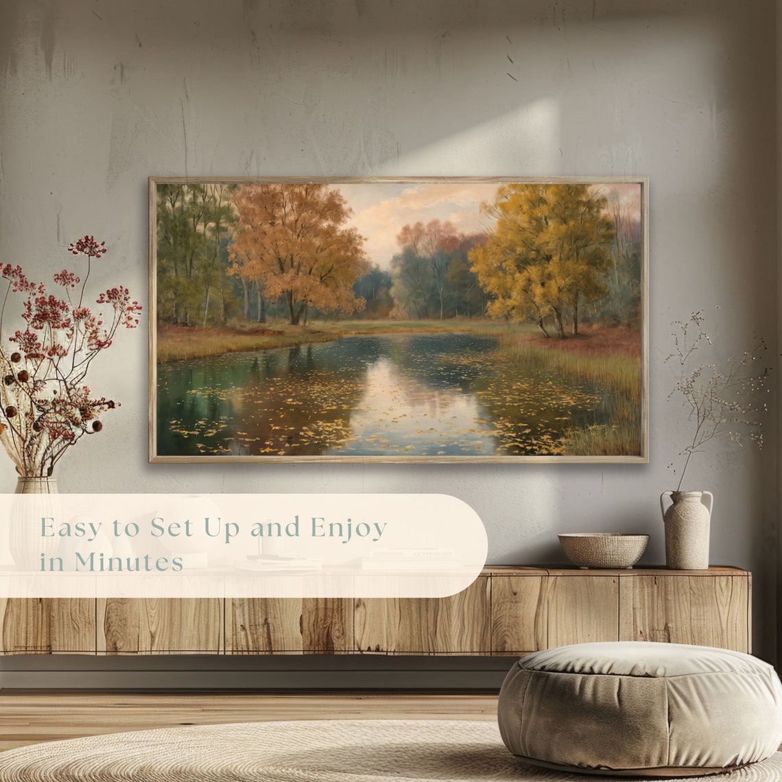Tranquil Pond with Autumn Reflections and Floating Leaves Poster - Image 5