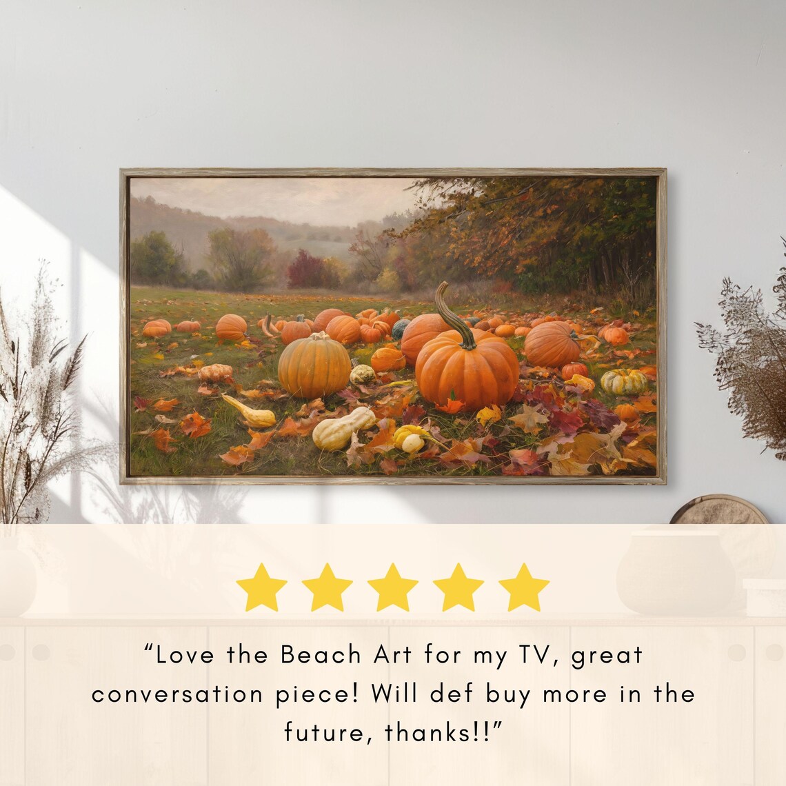 Pumpkin Patch with Gourds Autumn Leaves Misty Hillside Poster - Image 2