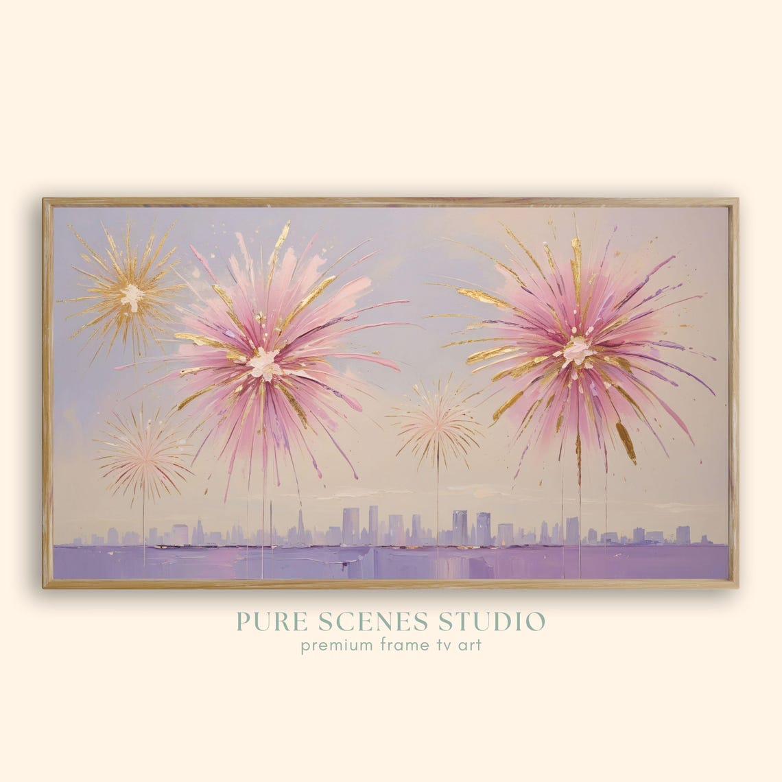 Pink Gold Fireworks City Skyline Celebration Painting Poster
