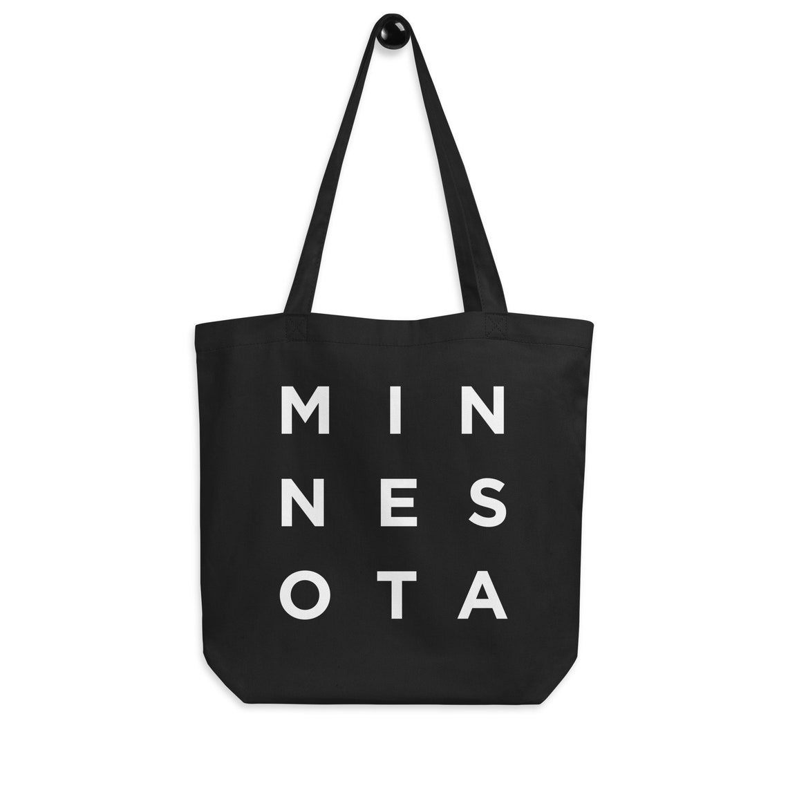 Minnesota Stacked Letter Black Tote Bag with Bold White Print Design - Image 4