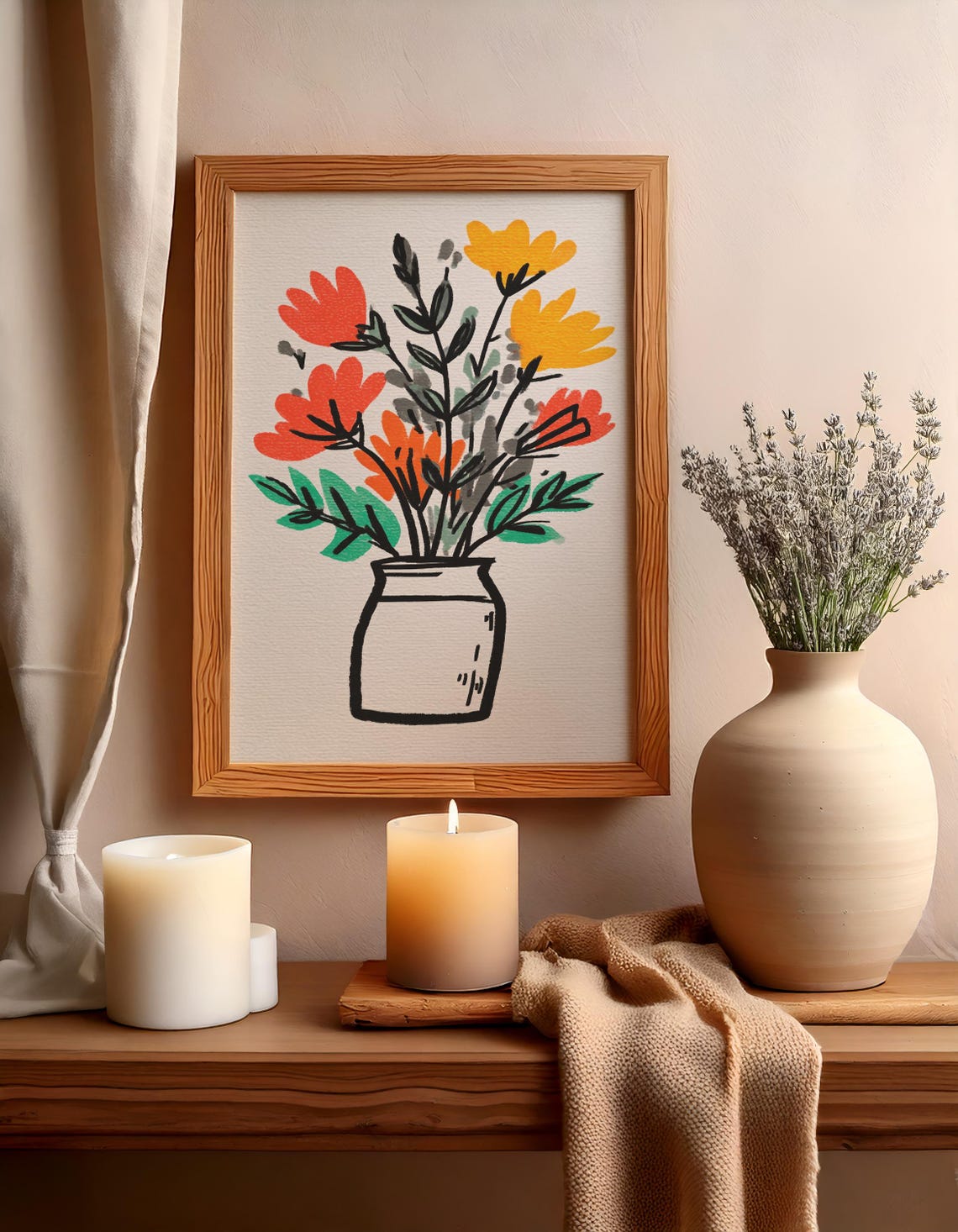Modern Floral Vase Red and Yellow Flowers Illustration Poster