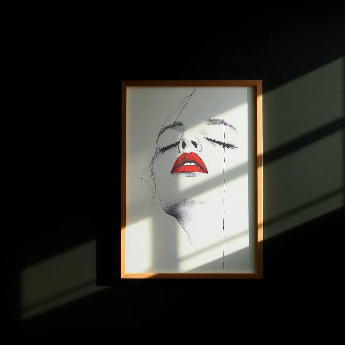 Minimalist Woman Portrait Sketch With Bold Red Lips Line Art Poster