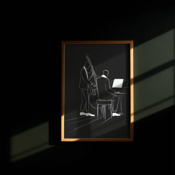Wall Art Jazz Musicians Piano Bass Player Print Musical Duo Poster Minimalist Home Decor Instant