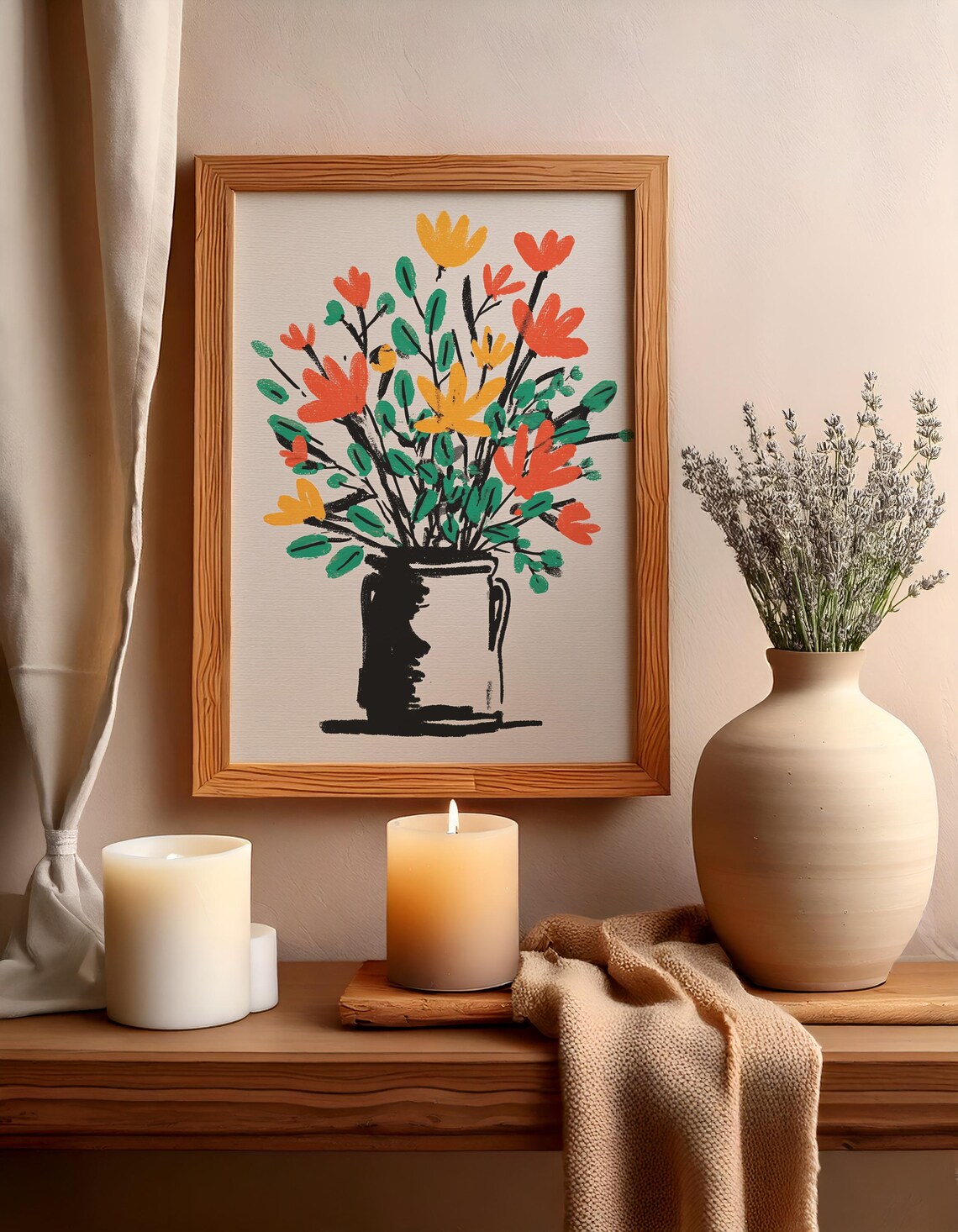 Bright Floral Bouquet in Black Pitcher Modern Folk Art Poster
