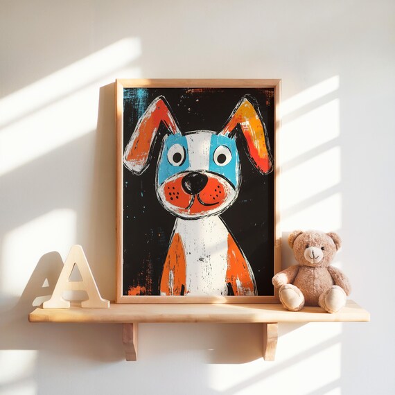 Pop Art Puppy Portrait Bold Orange and Blue Dog on Black Poster