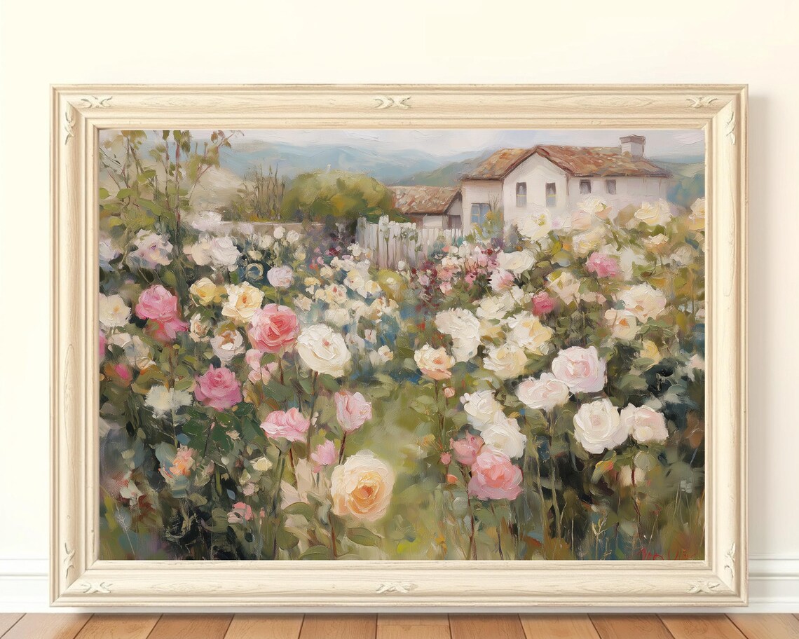 Pink Rose Cottage Garden Vintage Floral Oil Painting Art Print