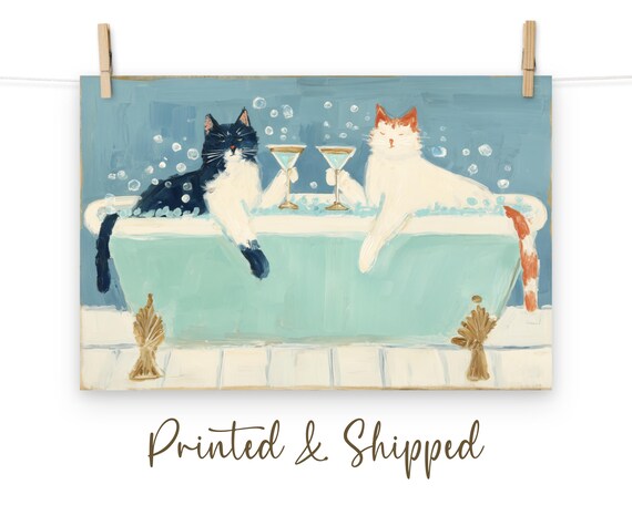 Cats in Bathtub Funny Whimsical Bubble Bath Martini Blue Cat Wall Art