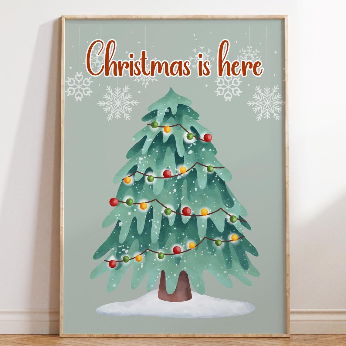 Christmas Is Here Festive Snowy Watercolor Tree Holiday Poster