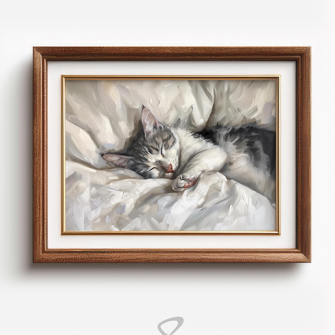 Grey and White Tabby Cat, Vintage Oil Painting Print