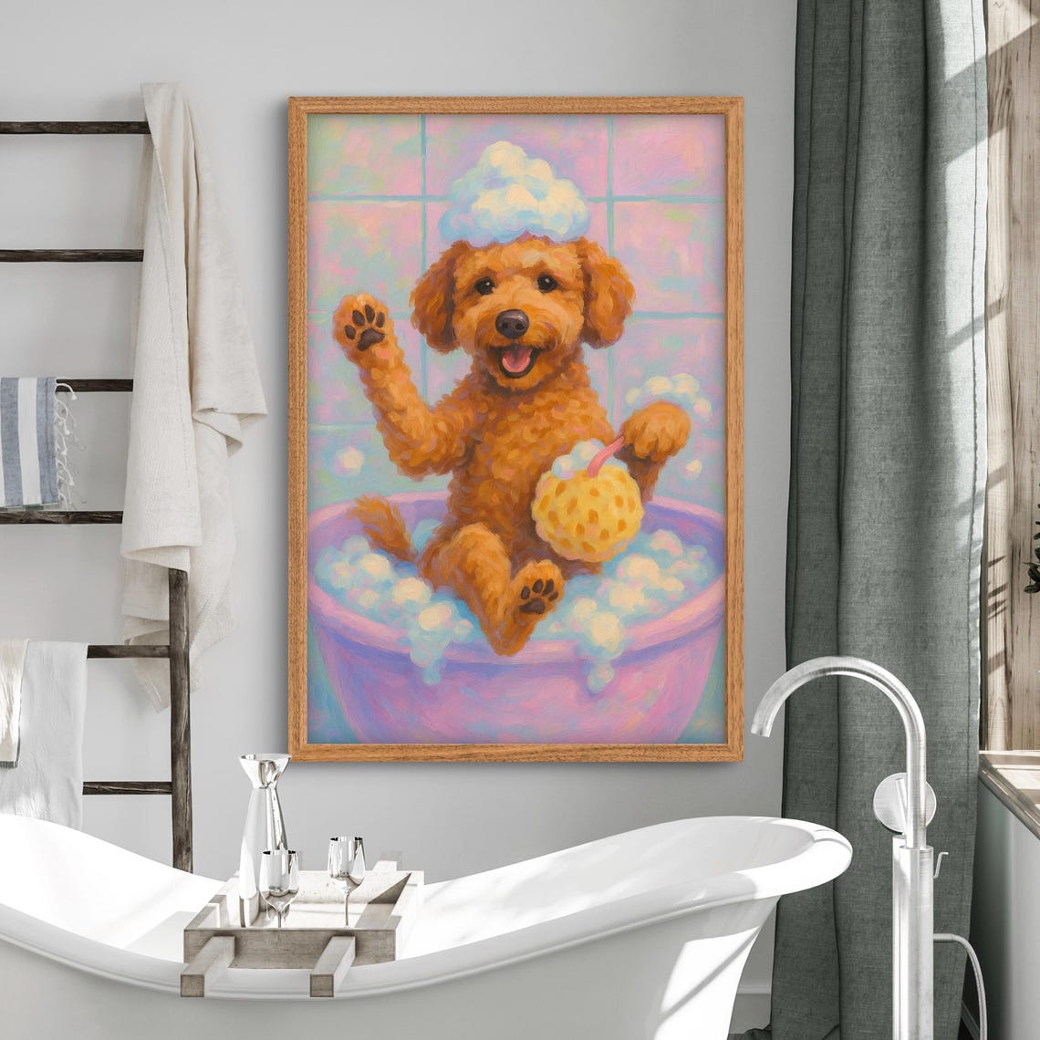 Golden Doodle Puppy Bubble Bath Funny Dog Bathroom Decor Poster