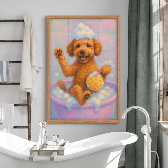 Golden Doodle Bath Wall Art Funny Puppy Bathroom Decor Cute Dog Pet Print Whimsical For Lovers