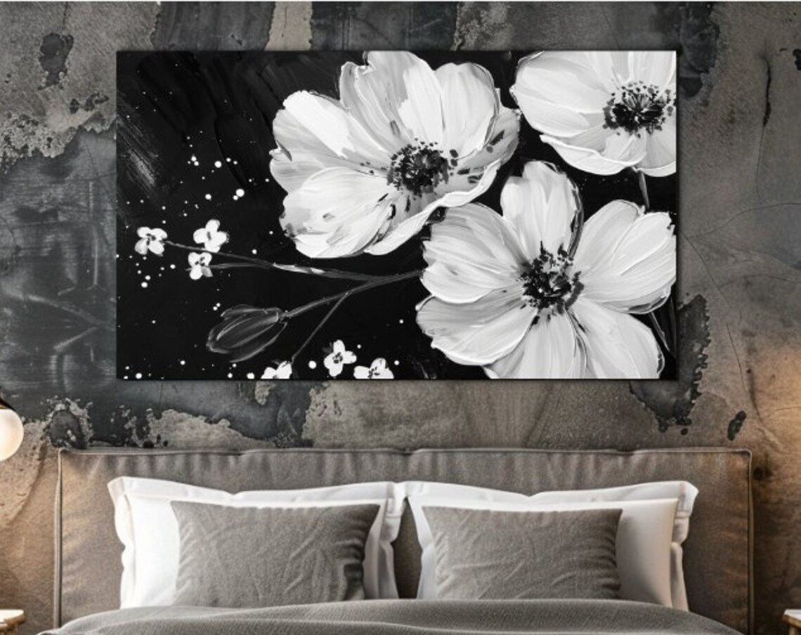 White Painted Cosmos Flowers On Black Background Elegant Floral Poster