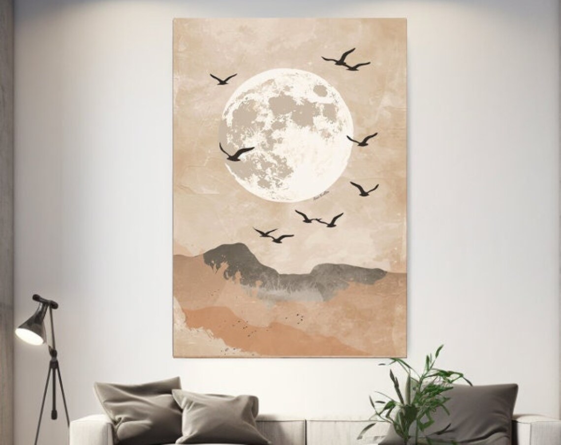 Full Moon Over Terracotta Mountains With Flying Birds Art Poster