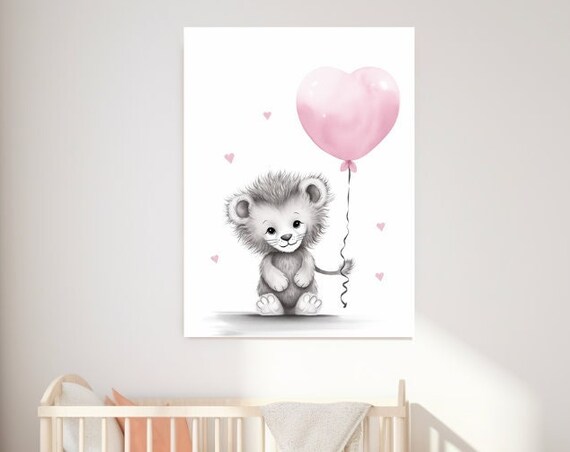 Cute Baby Lion With Pink Heart Balloon Nursery Art Wall Poster