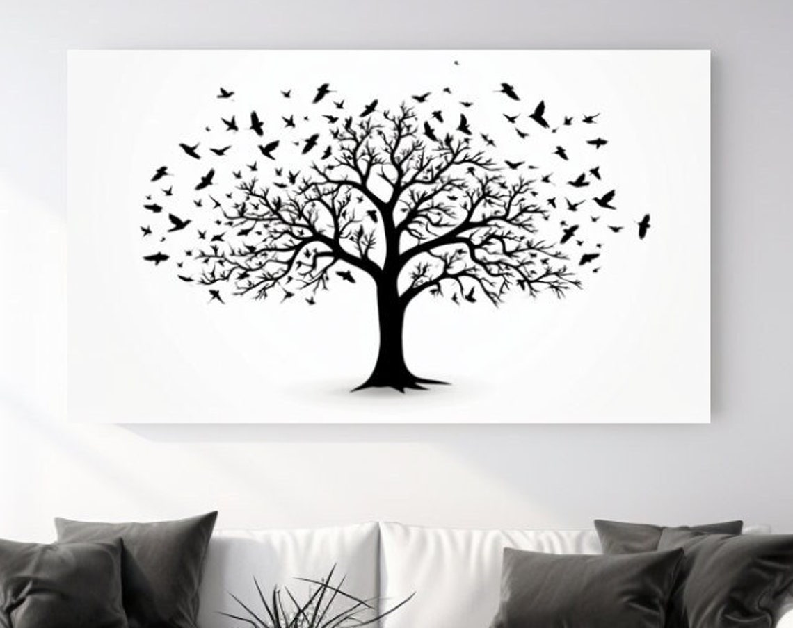 Black Tree With Flying Birds Silhouette Minimalist Nature Art Poster
