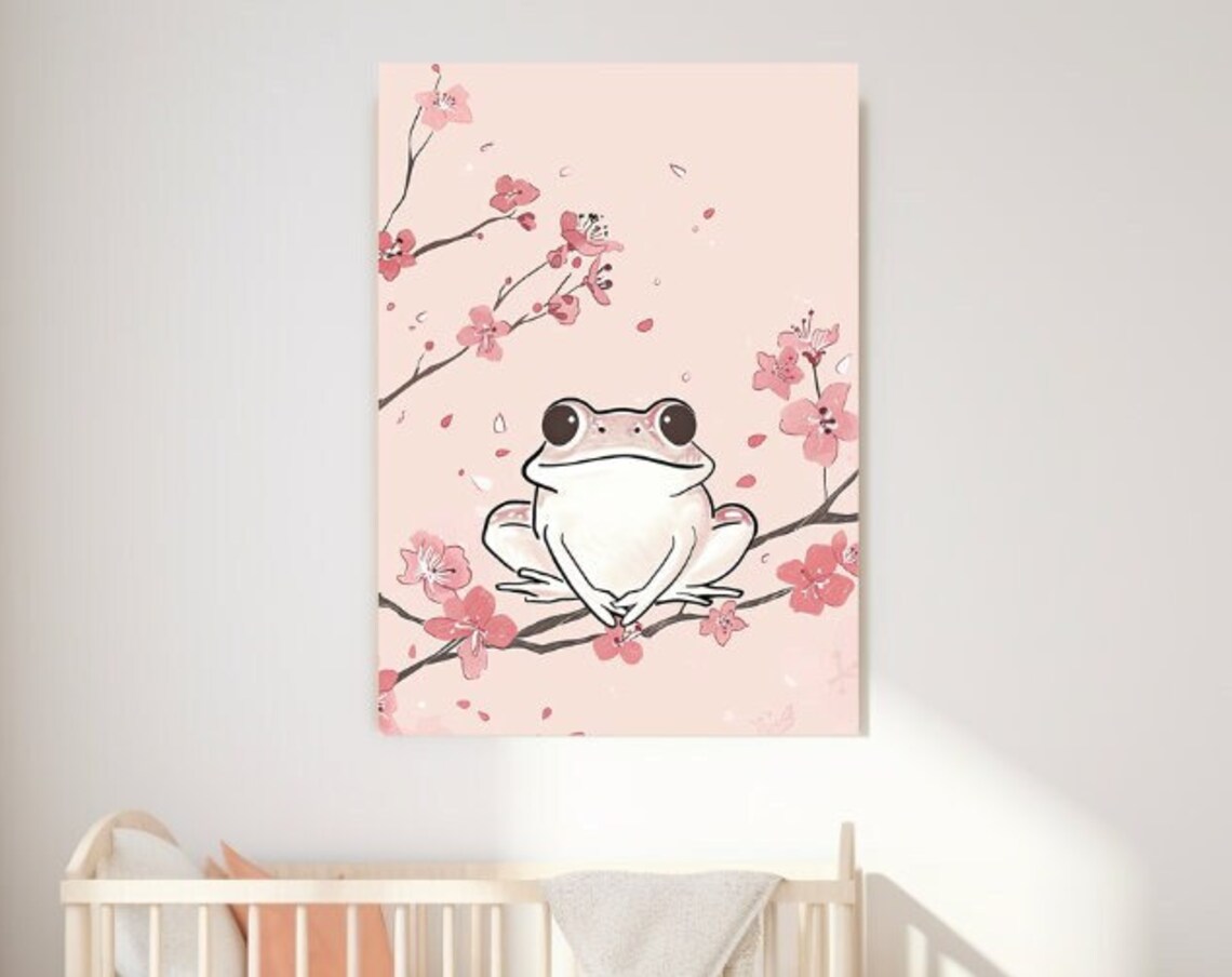 Cute White Frog On Pink Cherry Blossom Branch Nursery Art Poster