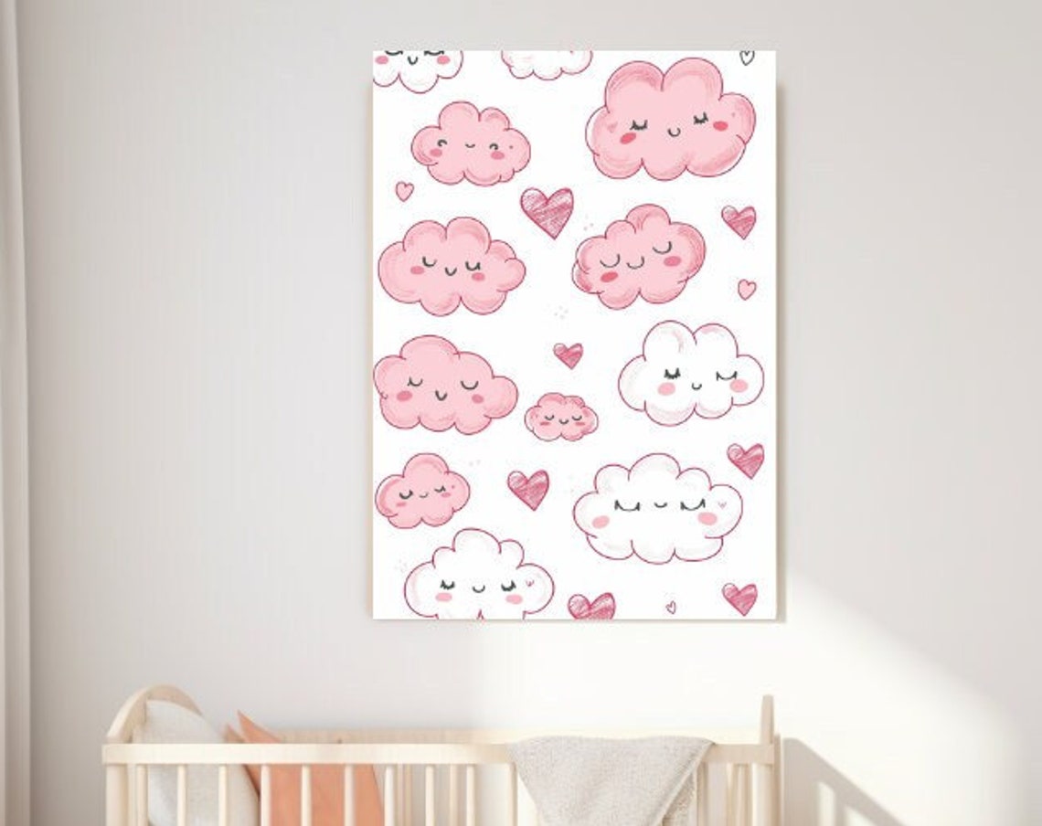 Pink Smiling Clouds Cute Kawaii Nursery Girls Room Decor Wall Poster