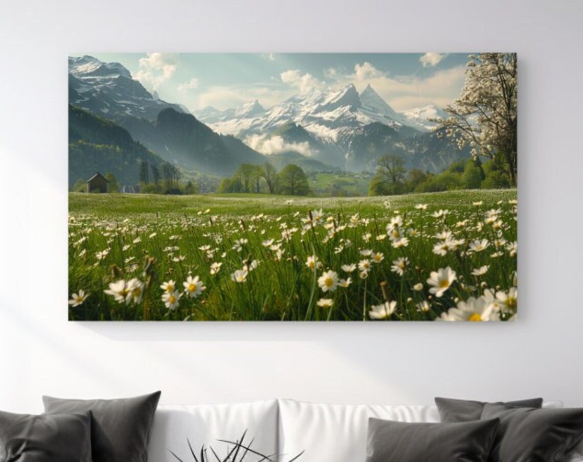 Swiss Alps Snow Capped Peaks Wildflower Meadow Spring Mountain Poster