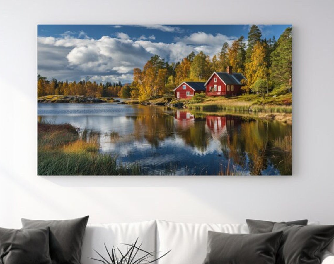 Red Scandinavian Cabins Autumn Lake Reflection Nordic Landscape Poster
