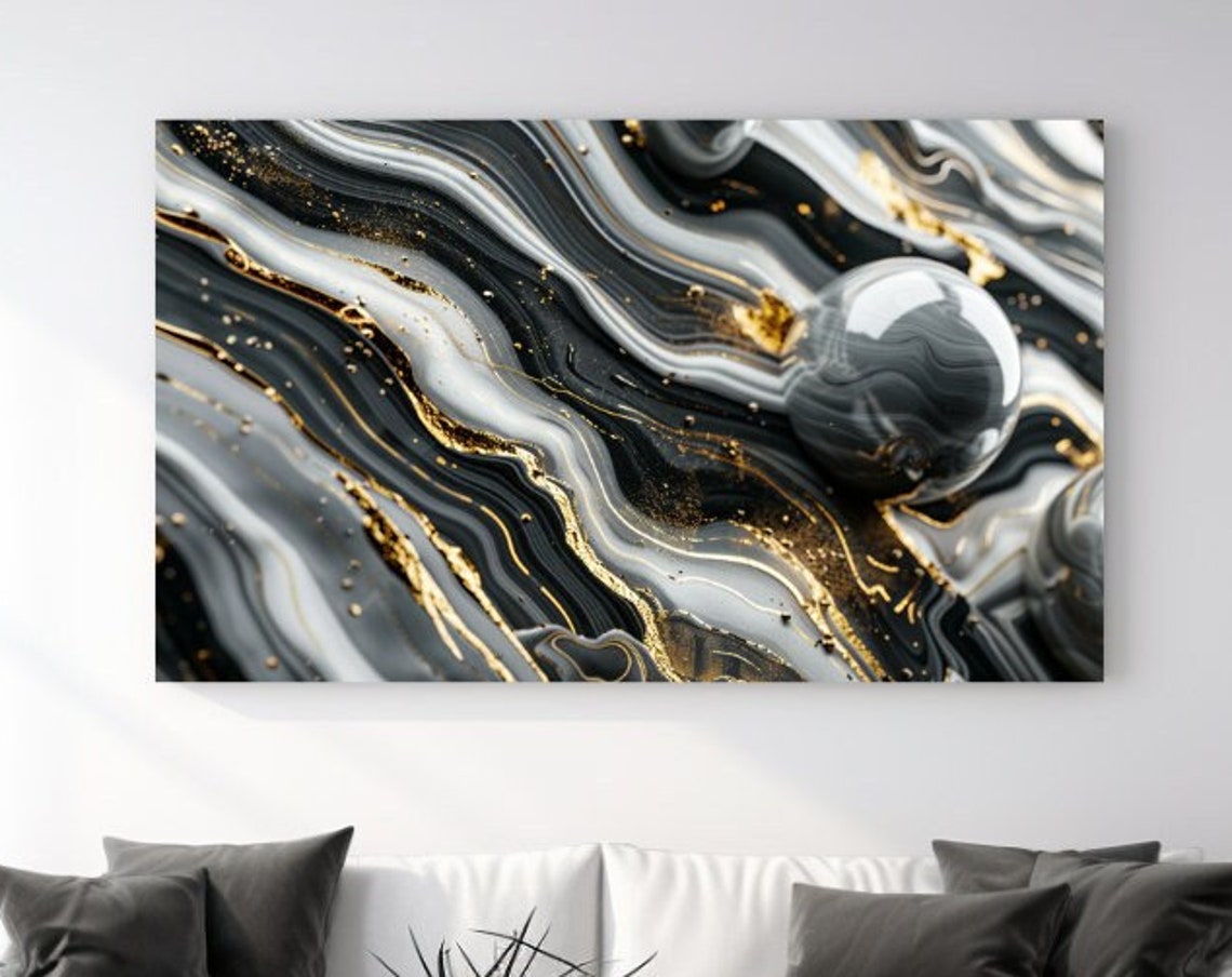 Black And Gold Marble Wave With Sphere Abstract Sculptural Luxe Poster