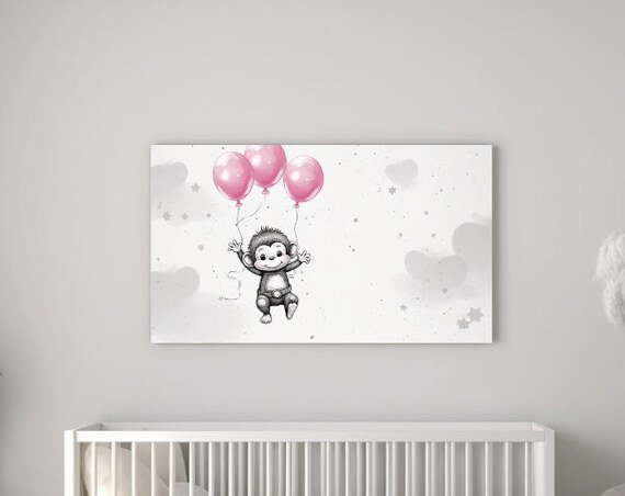 Flying Monkey With Pink Balloons Dreamy Clouds Nursery Wall Art Poster