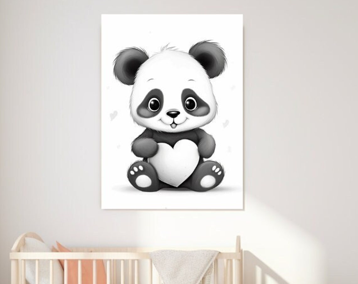 Cute Baby Panda Holding A Heart Black And White Nursery Art Poster