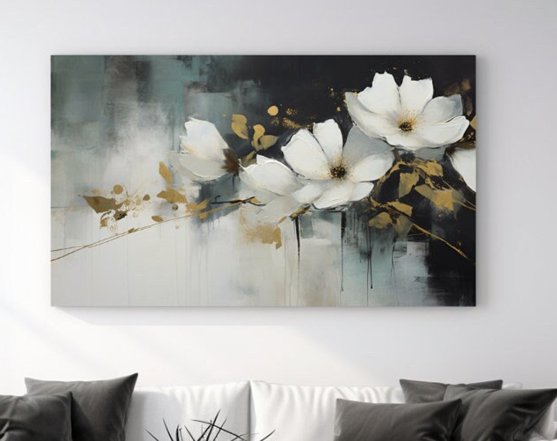 Cluster Of White Blossoms With Gold On Gray Black Floral Art Poster