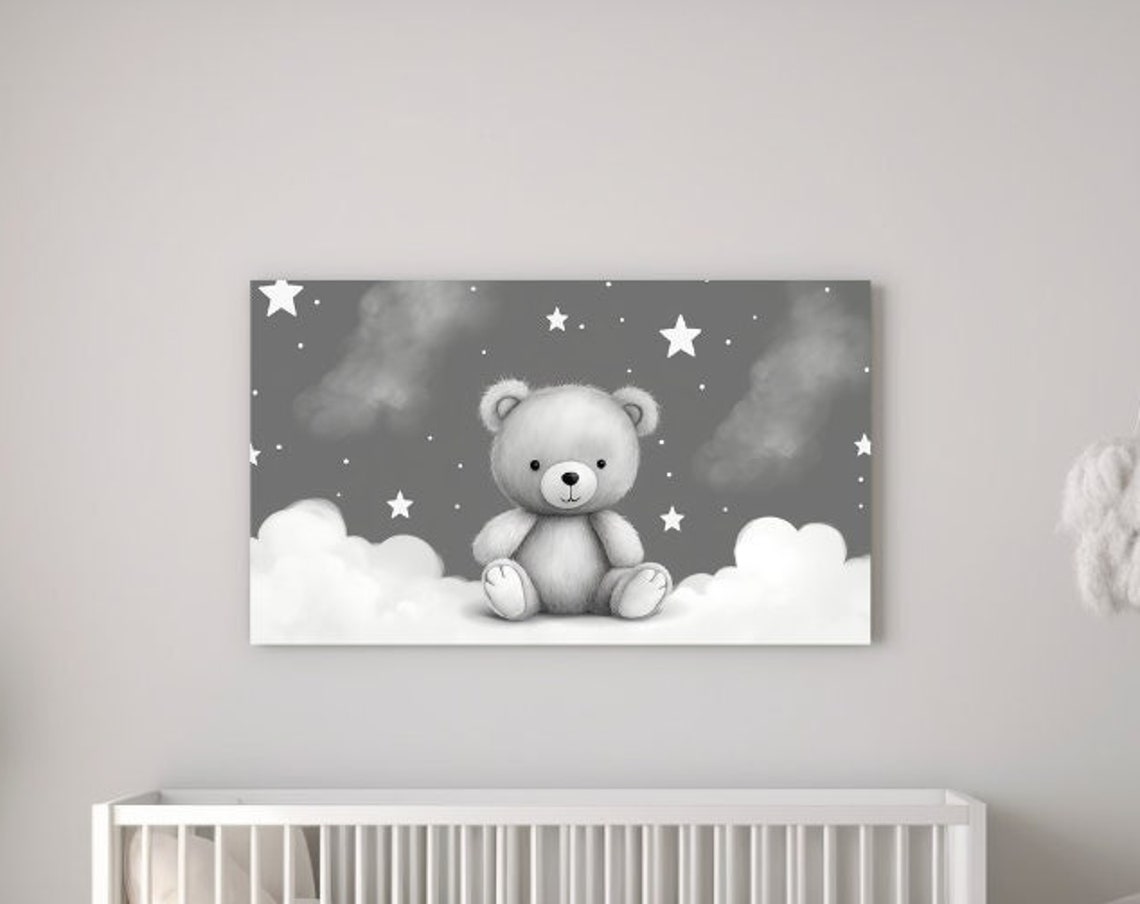 Teddy Bear Sitting On Clouds Starry Night Sky Black And White Wall Art