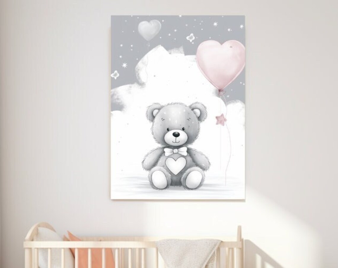 Cute Teddy Bear With Heart Bow And Pink Balloon Nursery Art Poster