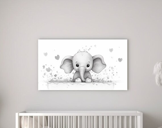 Baby Elephant With Hearts Black And White Cute Nursery Wall Art Print