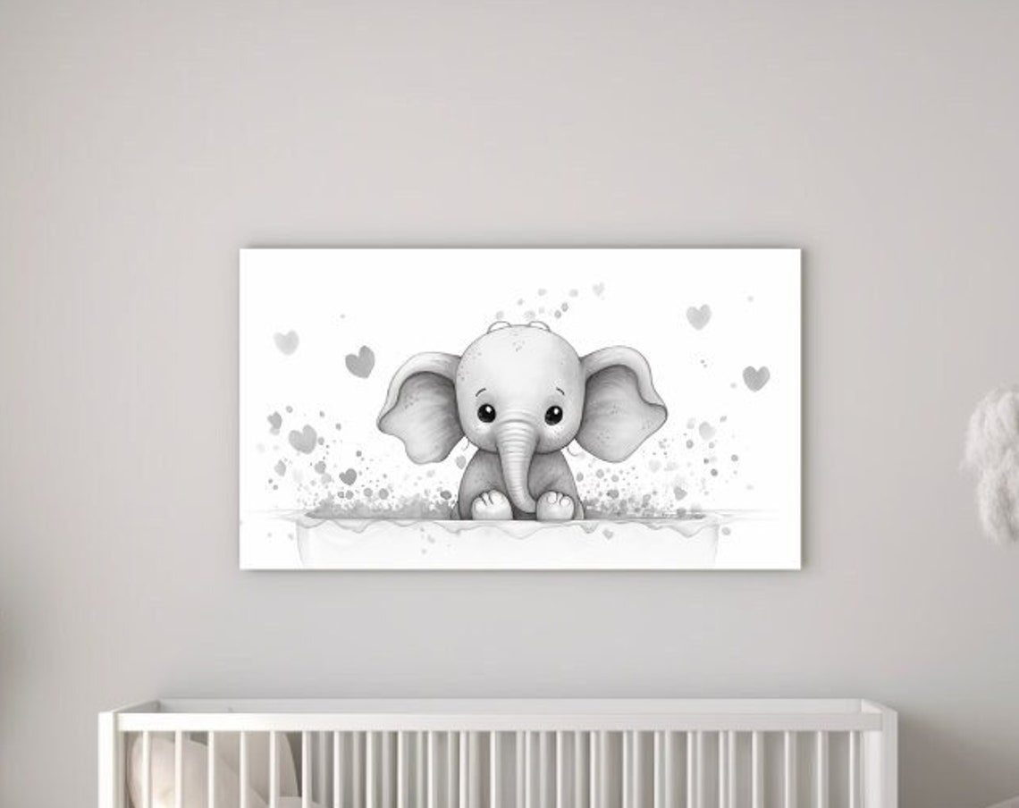 Baby Elephant With Hearts Black And White Cute Nursery Wall Art Print
