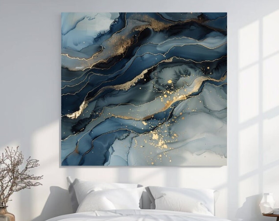 Navy Blue Grey Marble Gold Veins Abstract Luxury Fluid Art Wall Poster
