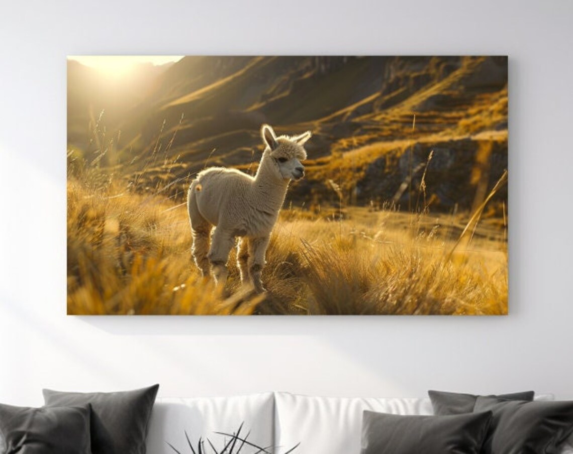 Baby Alpaca Golden Meadow Sunset Mountains Cute Animal Poster