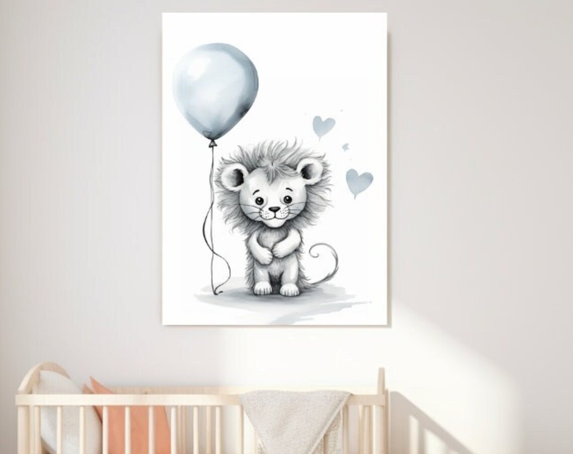 Cute Baby Lion With Blue Balloon Watercolor Nursery Art Poster