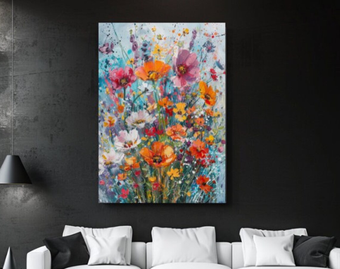 Colorful Wildflower Meadow Painting Summer Poppies Cosmos Wall Art