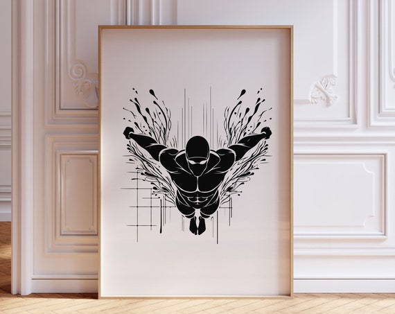Swimmer Front View Graphic Art Poster For Swimming Club Wall Art I Black And White Man Swimming Butterfly Style Abstract Minimalist Print