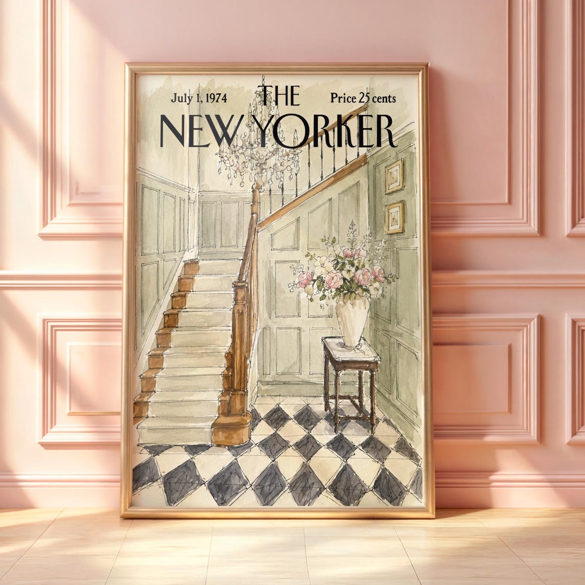 Vintage New Yorker Grand Foyer Poster French Country Entryway Wall Art Elegant Staircase Print Classic Home Decor Magazine Cover