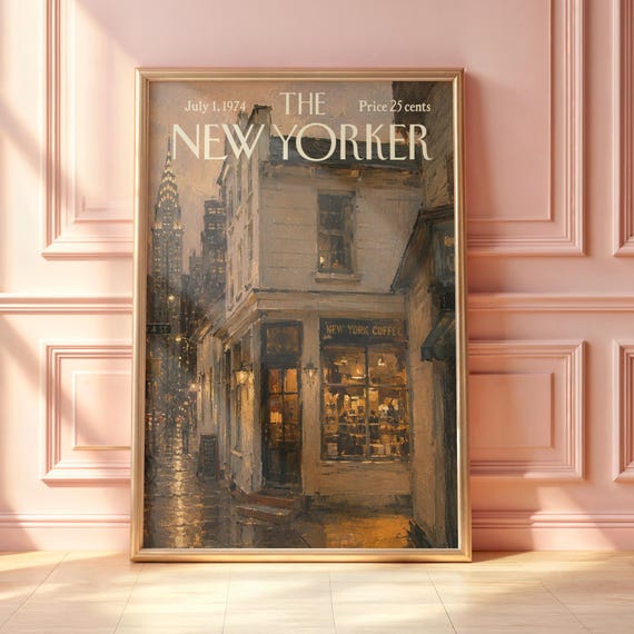 Vintage New Yorker Coffee Shop Poster Cozy Nyc Caf Wall Art Rainy York Street Print Chrysler Building Decor Magazine Cover Style