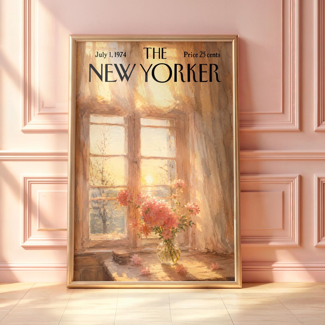 The New Yorker July 1974 Sunlit Window Pink Blossom Floral Still Life Poster