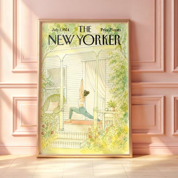 Vintage New Yorker Yoga Poster Cozy Porch Wall Art Mindful Morning Print Cottagecore Wellness Decor Magazine Cover