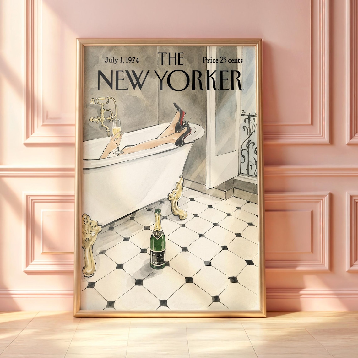 Vintage New Yorker Bathroom Poster, Paris Apartment Print