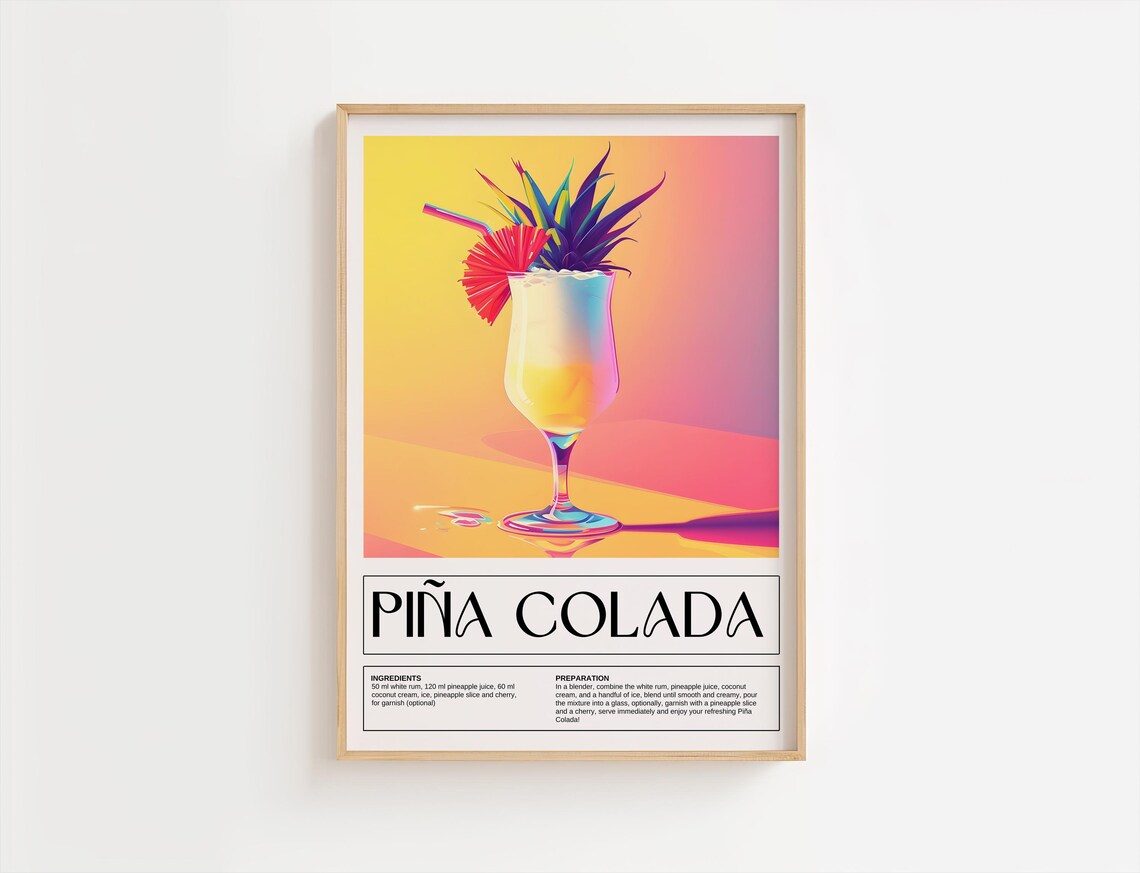 Pina Colada Tropical Cocktail Recipe Retro Kitchen Bar Poster