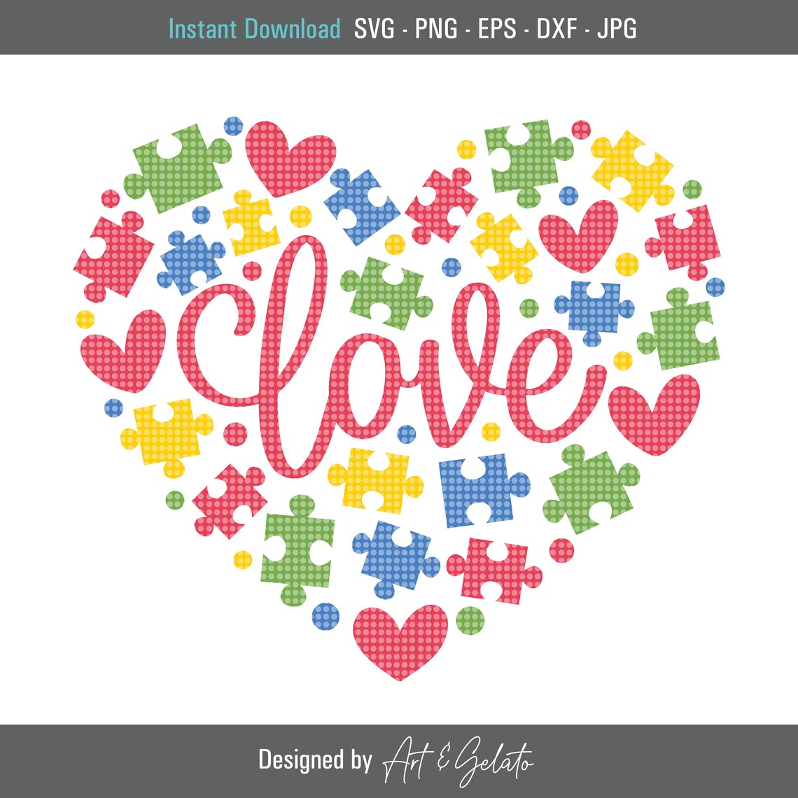 Love Autism Puzzle Pieces Colorful Heart Awareness Support Poster