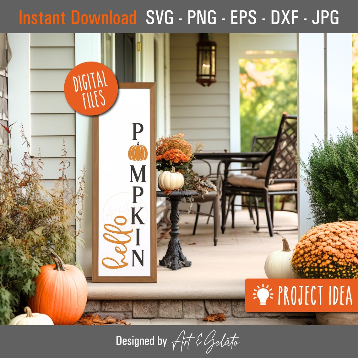 Hello Pumpkin Fall Porch Sign SVG Vertical Digital Design Poster