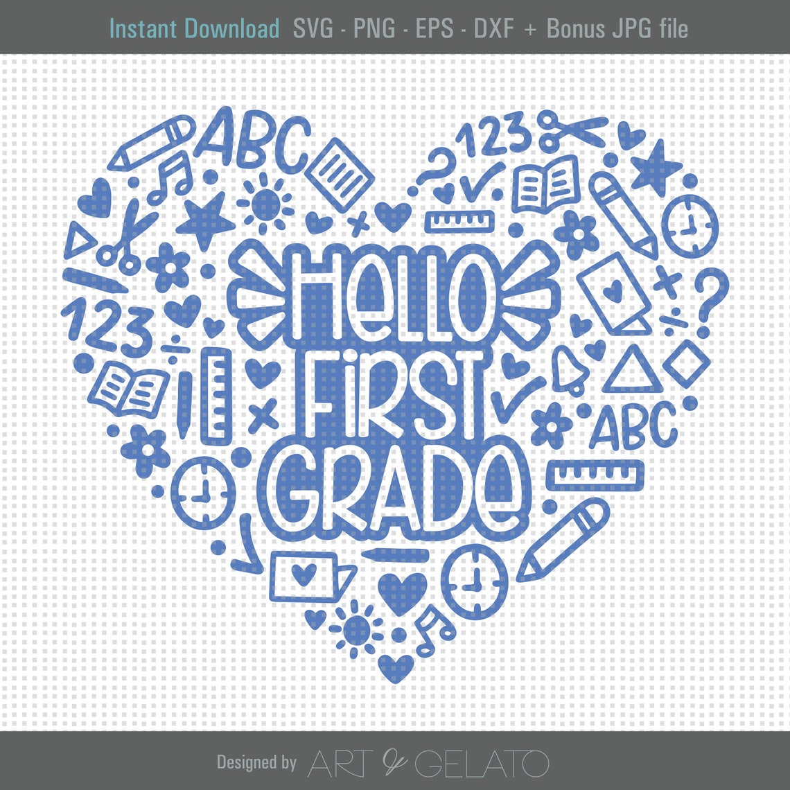 Hello First Grade Blue Heart School Doodles SVG Design Poster