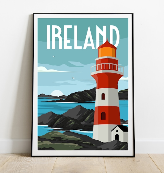 Ireland Lighthouse Coastal Cliffs Sunset Retro Travel Poster