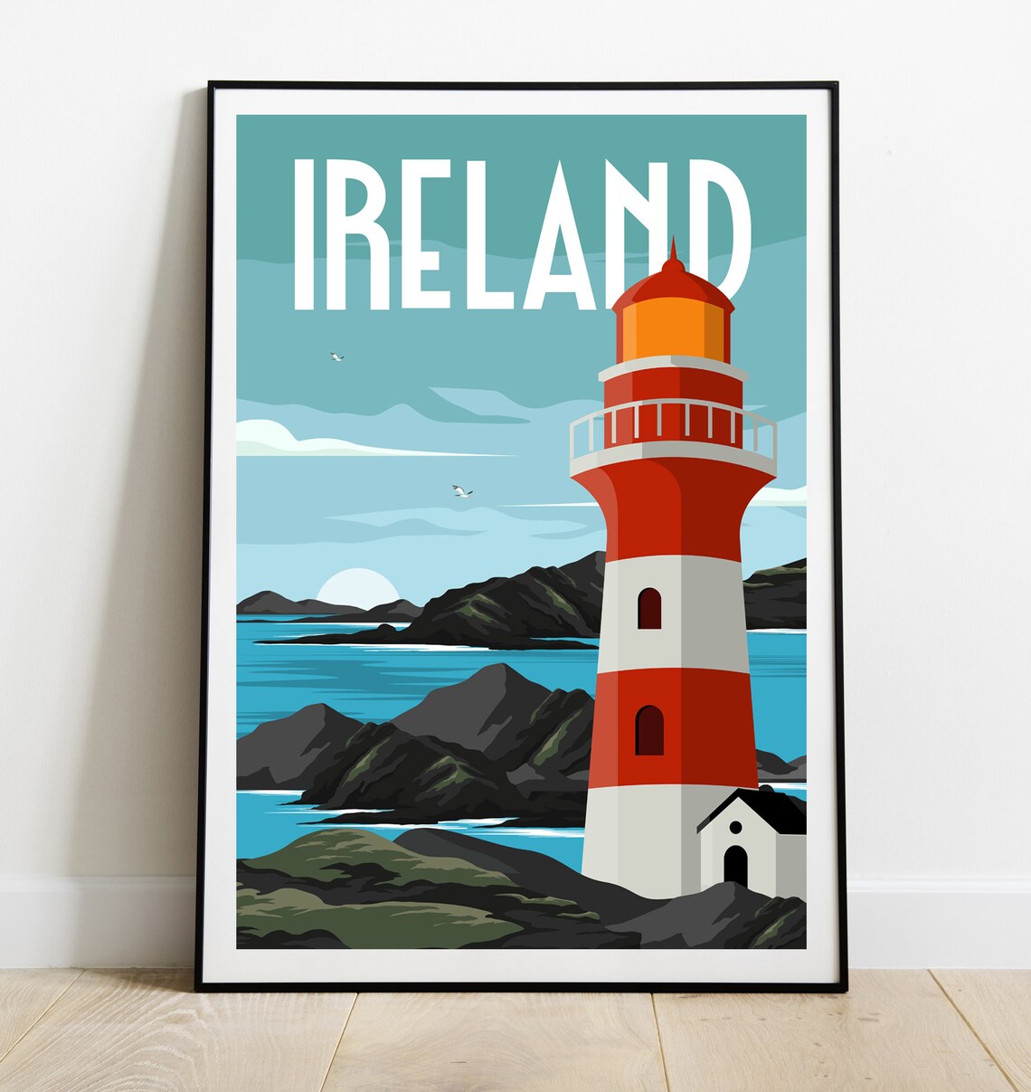Ireland Lighthouse Coastal Cliffs Sunset Retro Travel Poster