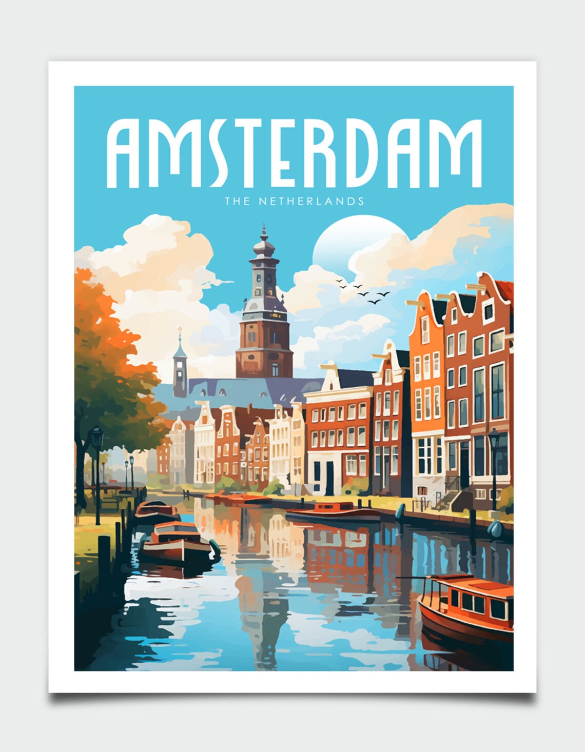 Amsterdam Netherlands Canal Gabled Houses Boats Retro Travel Poster - Image 4