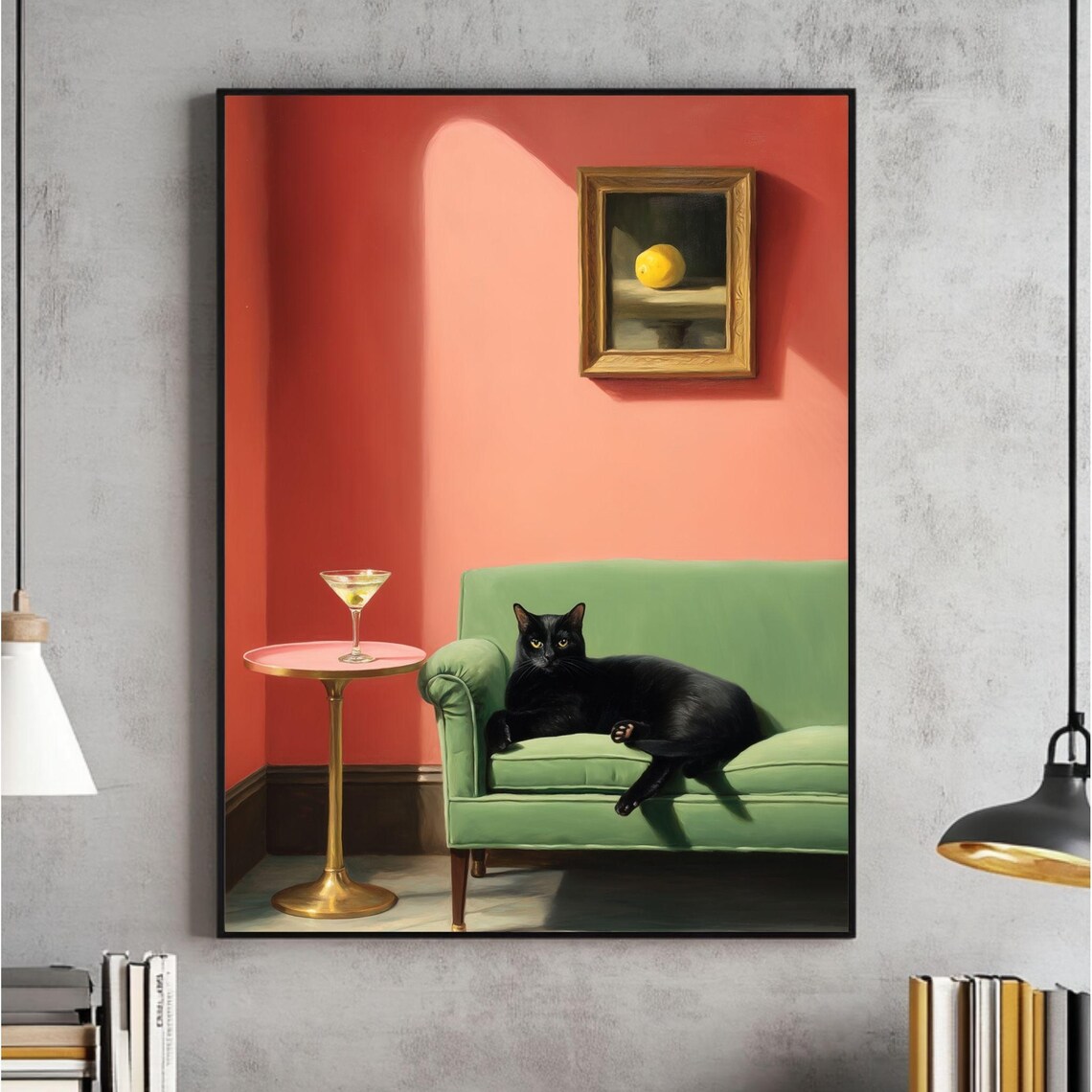 Black Cat With Wall Art, Quirky Cocktail Poster